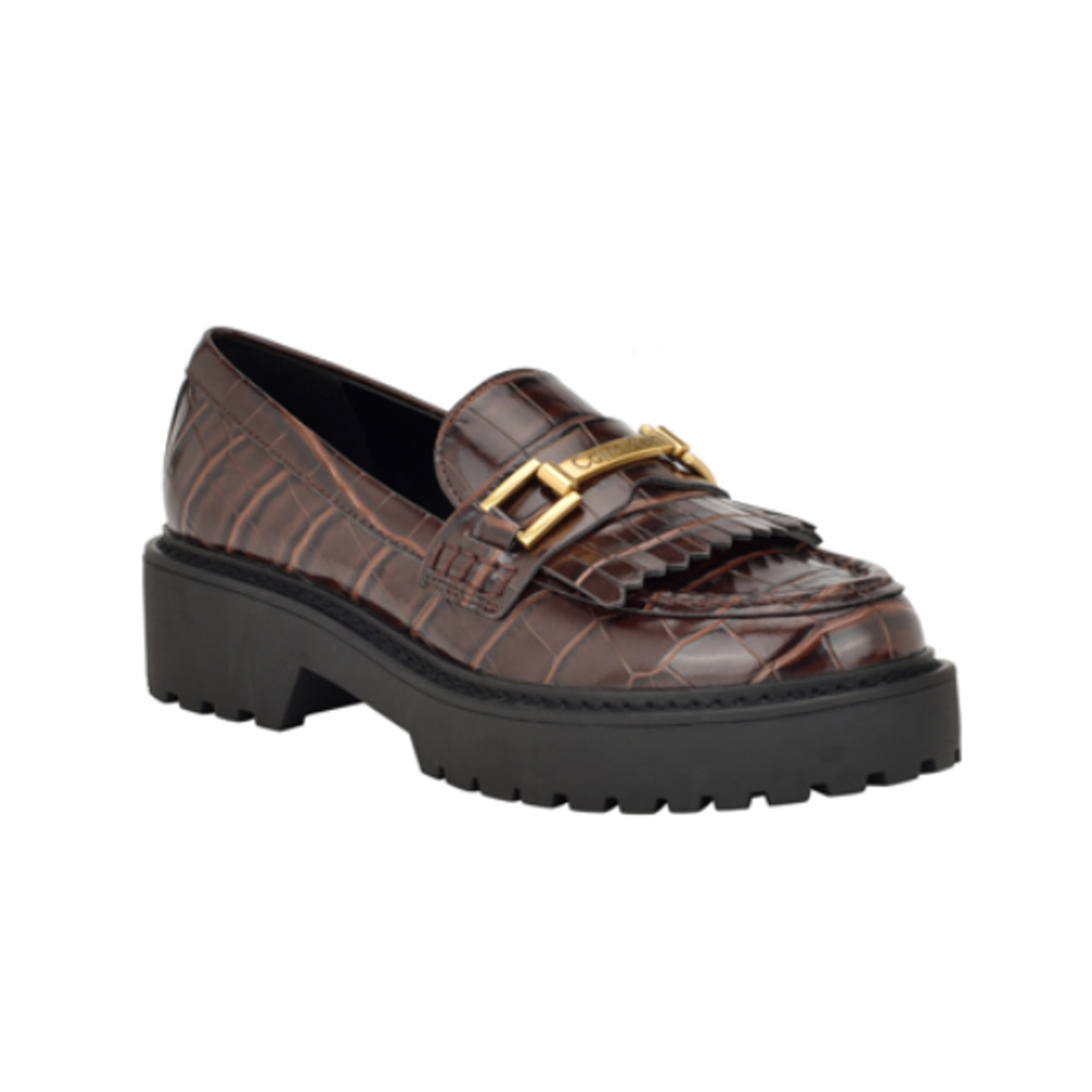 NIB‎ Calvin Klein Women's Sophy fringe platform Oxford Lug Loafer Brown Croc 5.5